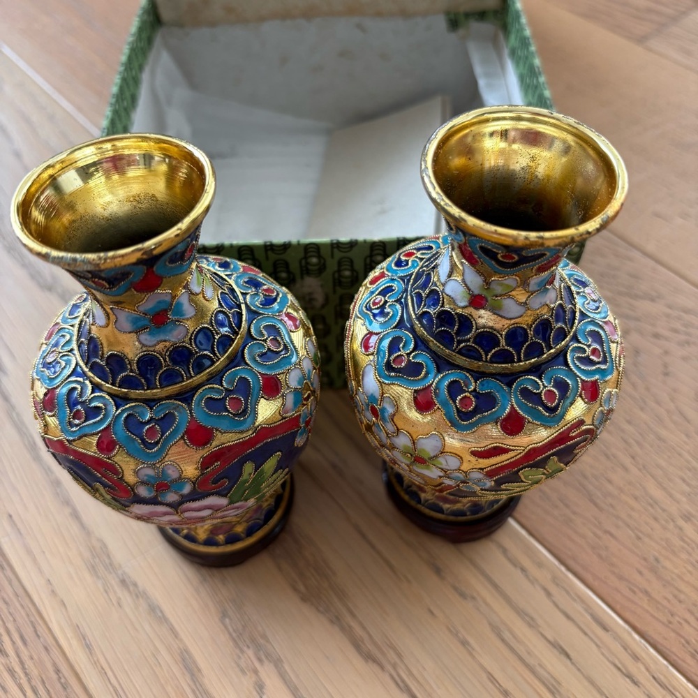 Vintage Authentic Asian Cloisonné Vases Set - Picture 2 of 11